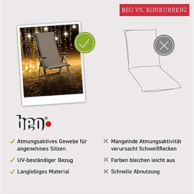 Beo Hochlehner Auflagen Waschbar Ascot | Made in EU Premium Plus Qualität | UV-beständige Gartenstuhlauflagen Hochlehner mit Reißverschluss | Atmungsaktive Stuhlauflagen Hochlehner in Hell-Grau – Bild 6