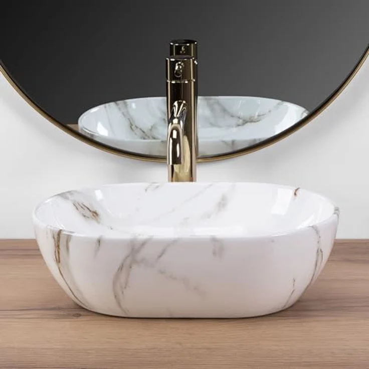 Rea Aufsatzwaschbecken MINI AIAX SHINY, Keramik Waschschale für Badezimmer, 380x260x120mm, Steinimitation, ohne Hahn- und Überlaufloch – Bild 3