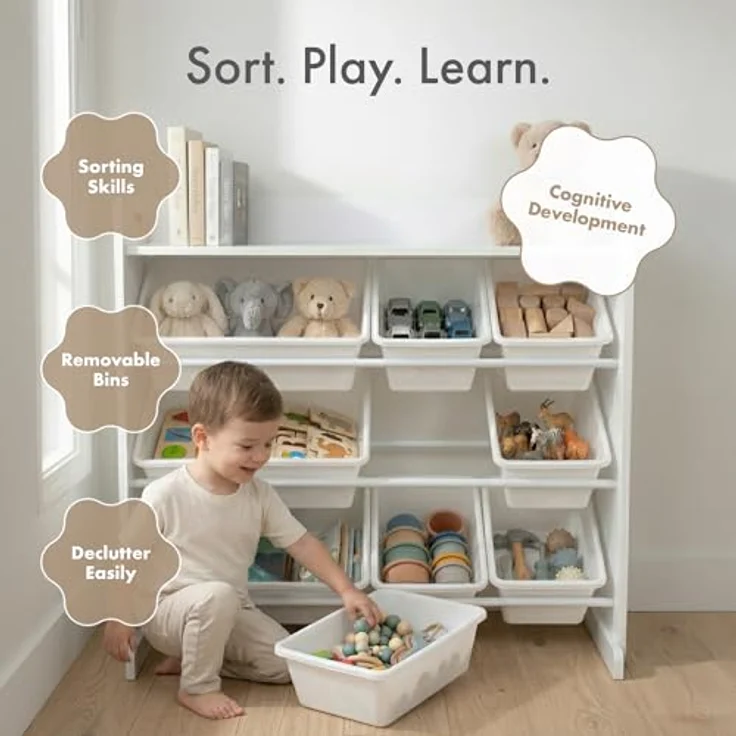 Humble Crew Kinderzimmerregal, Spielzeug-Organizer mit Regal und 9 Plastikboxen, Weiß Storage Organizer Einheitsgröße – Bild 7