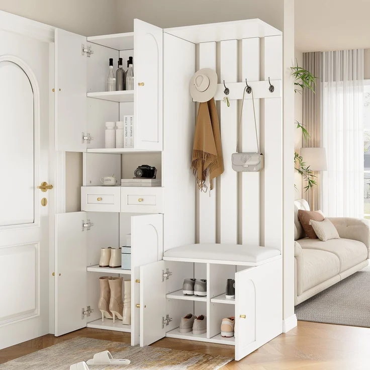 Flurbank Schuhschrank mit Haken und 2 Schubladen Flurmöbel Aufbewahrung Weiß Modern Eingangsbereich – Bild 4