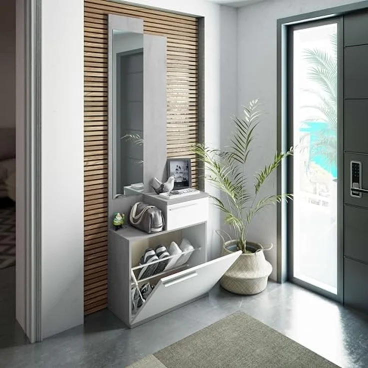 Habitdesign, Schuhschrank mit Spiegel, platzsparendes Garderobenmöbel in Zementgrau und Artik weiß für Flur oder Schlafzimmer, modernes Design, Maße: 61 x 185 x 28 cm (B x H x T), Modell Karen – Bild 4