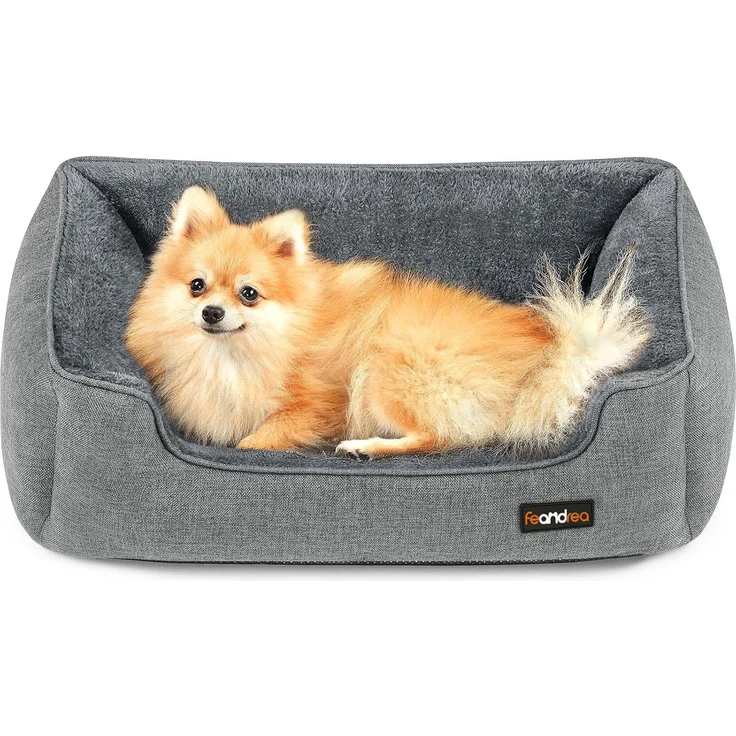 Feandrea Hundebett, Hundekissen in Leinenoptik, Hundekorb, erhöhte Ränder, rutschfeste Unterseite, Bezug abnehmbar waschbar, M, für kleine Hunde, 70 x 55 x 21 cm, hellgrau PGW10GG – Bild 1
