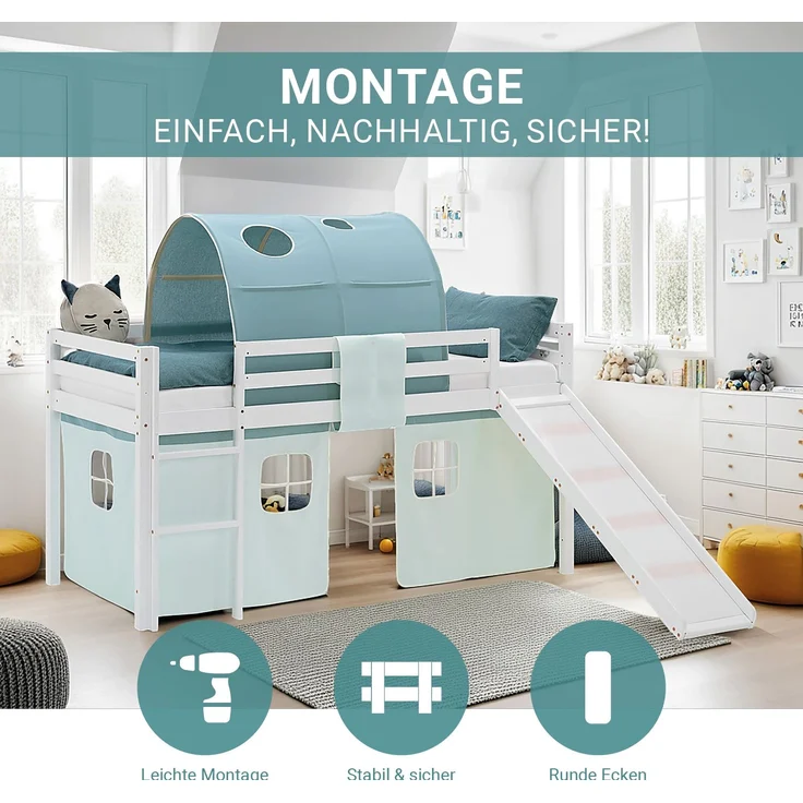 Hochbett Kinder 90x200 cm mit Rutsche Lattenrost Kinderbett Stockbett Vorhang Tunnel Grün Mintgrün Holz Massiv – Bild 6