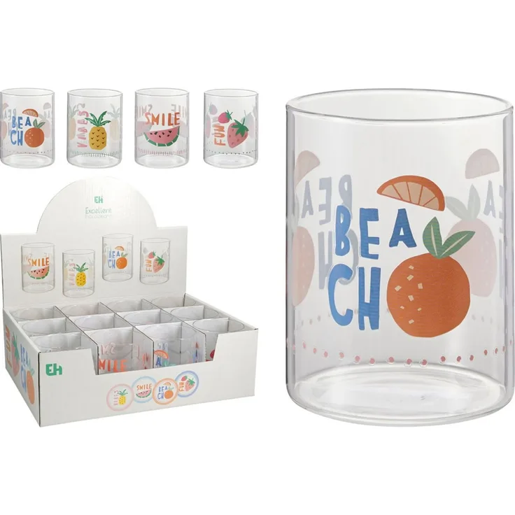 Trinkglas 420 ml mit Sommermotiven 4-fach sortiert Wasserglas Saftglas Trinkbecher 24 Stück