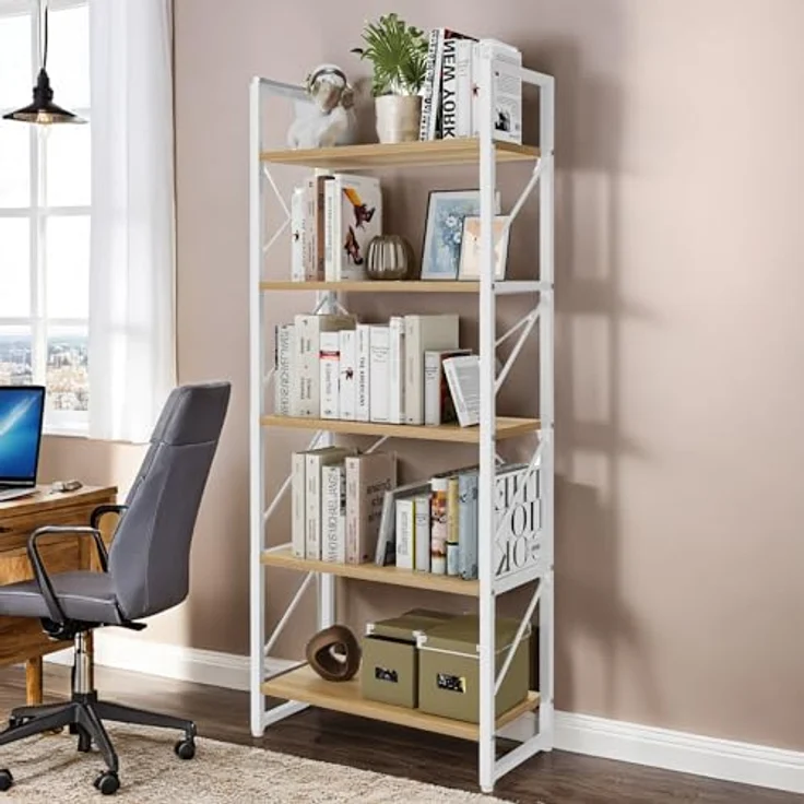 YITAHOME Bücherregal, Standregal mit 5 Ebenen, Hohes Lagerregal mit Metallrahmen, Industrielles Ausstellungsregal, Regaleinheiten, für Wohnzimmer, Schlafzimmer, Homeoffice, Küche, Weiß und Eiche Regal – Bild 5