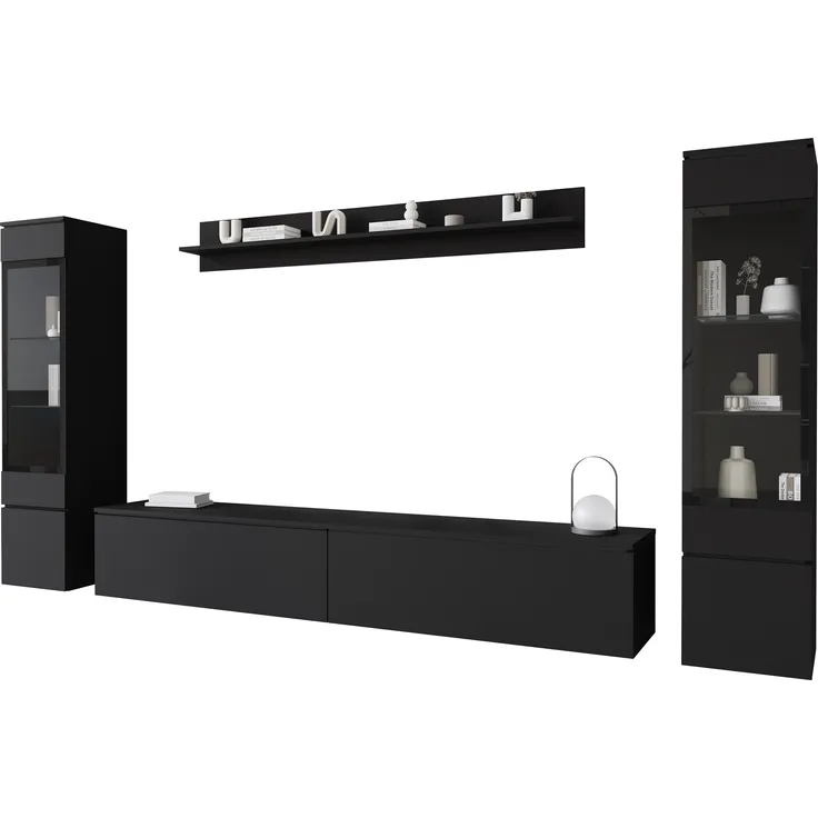 Wohnwand Doppo II, Wandregal, TV-Lowboard, 2x Hängevitrine, LED Beleuchtung (Farbe: Schwarzer Graphit)