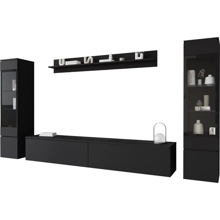Wohnwand Doppo II, Wandregal, TV-Lowboard, 2x Hängevitrine, LED Beleuchtung (Farbe: Schwarzer Graphit) – Bild 1
