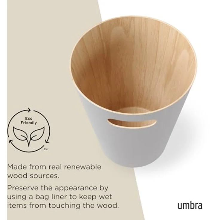 Umbra Woodrow Abfalleimer - Zweifarbiger Holz Papierkorb für Büro, Badezimmer, Wohnzimmer und Mehr, 7,5l Fassungsvermögen, Natur / Hellgrau – Bild 6