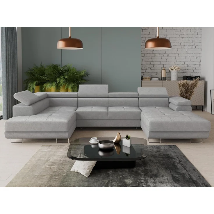 Wohnlandschaft Caris U mit Schlaffunktion, einstellbare Kopfstützen und zwei Bettkästen (Grau (Paros 05), Ecksofa Rechts) – Bild 2