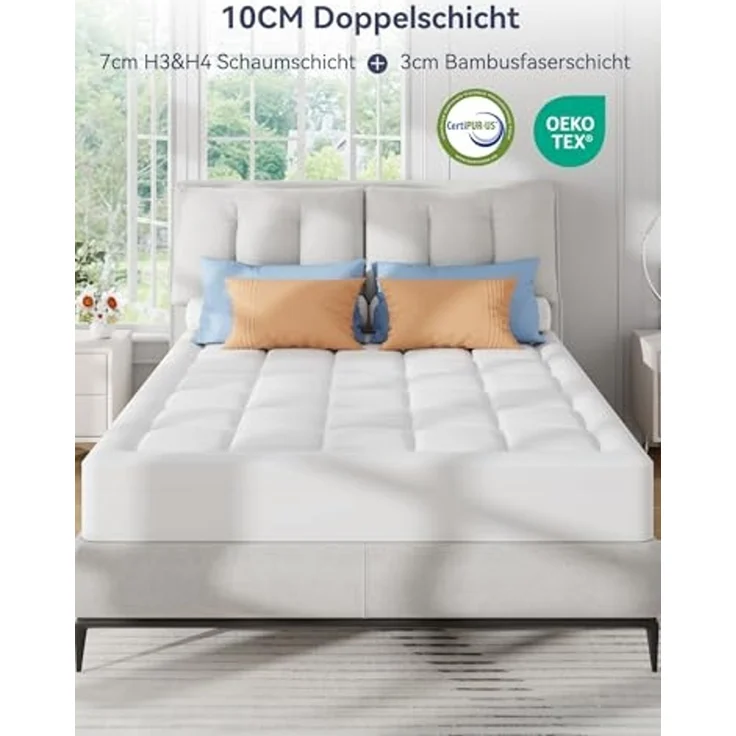 Elemuse, Topper H3/H4 Gel Memory-Schaum Matratzentopper, Waschbar Bezug, 10 cm hoch, Doppel Komfortschaum, für Matratze, Boxspringbett, Allergiker geeignet – Bild 7