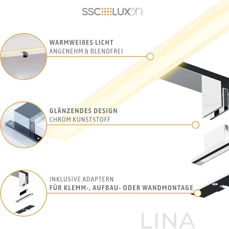 SSC-LUXon LED Bilderleuchte LINA 3-in-1 Bad Spiegelleuchte 50cm warmweiss LED 11W IP44 chrom, Warmweiß – Bild 3