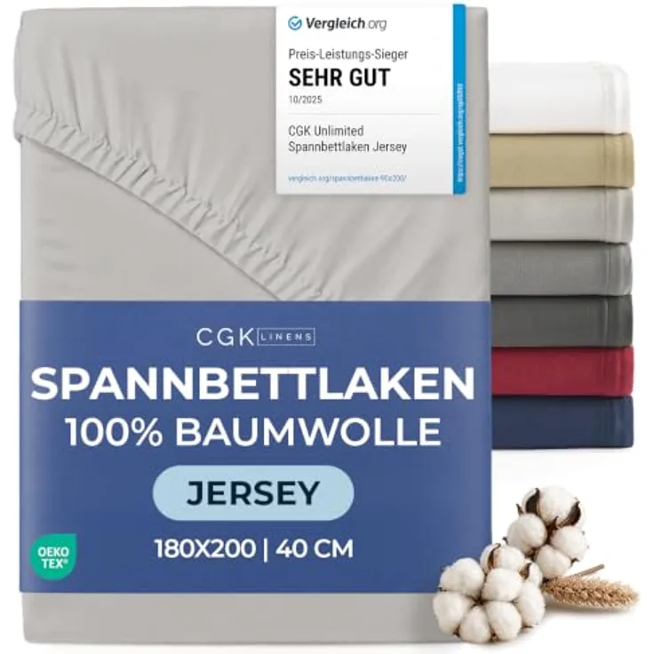 Spannbettlaken Jersey 180x200 - Baumwolle Boxspringbett 40cm - Hellgrau | Spannbetttuch, Rundumgummi, Dehnbar, Weich, Atmungsaktiv, Knitterfrei, Pflegeleicht, Baumwoll-Jersey, Bis 40cm, OEKO-TEX