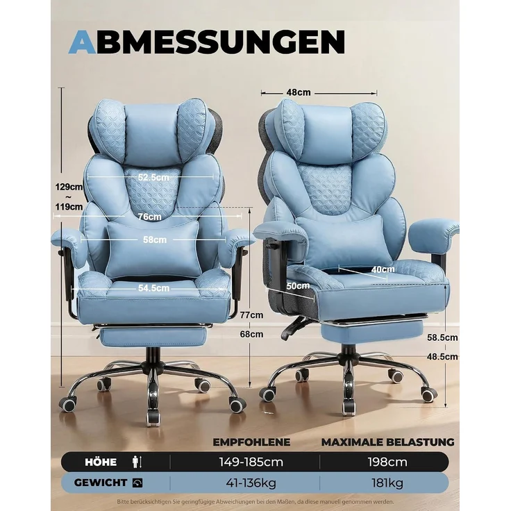 COMHOMA Gaming-Stuhl Ergonomischer Bürostuhl 180 kg, mit Lendenstütze & Fußstütze, 150° verstellbare Rückenlehne, hoher Chefsessel – Bild 5