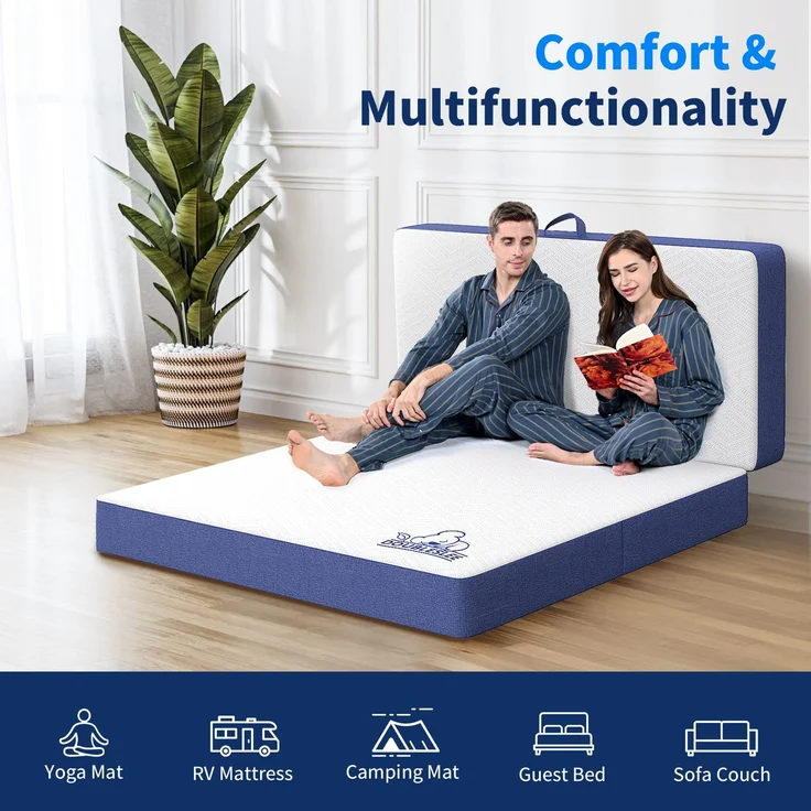Botifly Faltmatratze 90 x 190 x 15 cm – 4-Fold Klappmatratze mit Memory Foam & Waschbarem Bezug, Ideal für Gäste, Camping & Yoga (Blau/Weiß) – Bild 7