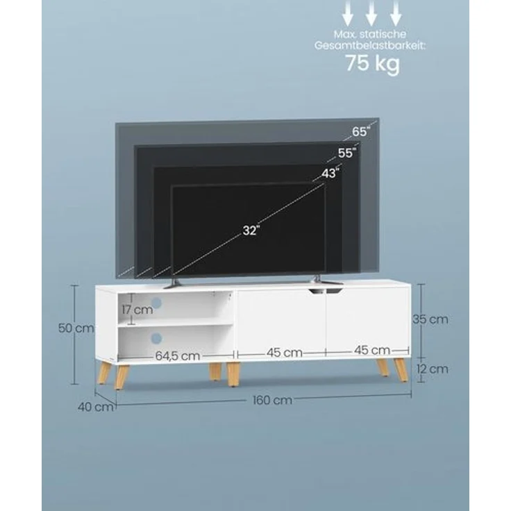 VASAGLE TV-Schrank, Fernsehtisch mit 2 Türen, 160 cm lang, TV-Regal für Fernseher bis zu 65 Zoll, verstellbare Ablagen, für Wohnzimmer, Esszimmer, Schlafzimmer, schneeweiß LTVDE030W01 – Bild 2