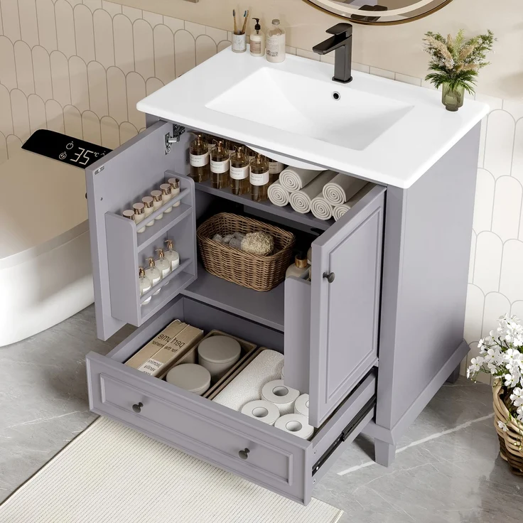 Badezimmerschrank 76 x 46 x 87 cm mit Keramikbecken, viel Stauraum & Massivholzbeinen – Moderner Waschtischschrank,Grau – Bild 5
