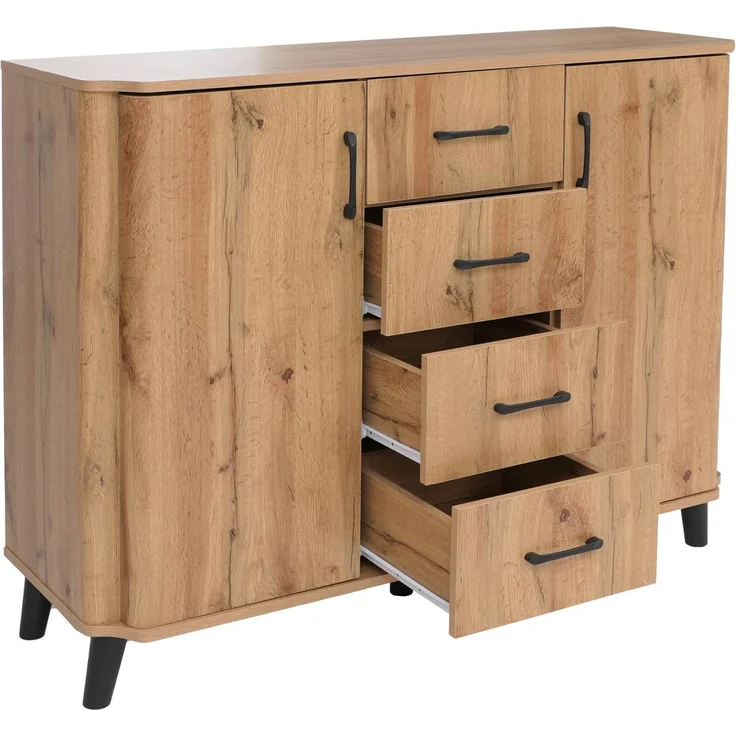 Kommode HWC-P42, Sideboard Schrank Anrichte, 4 Schubladen Staufächer 2 Türen, MDF 92 x 120 x 40 cm ~ Wotan-Eiche-Optik – Bild 8