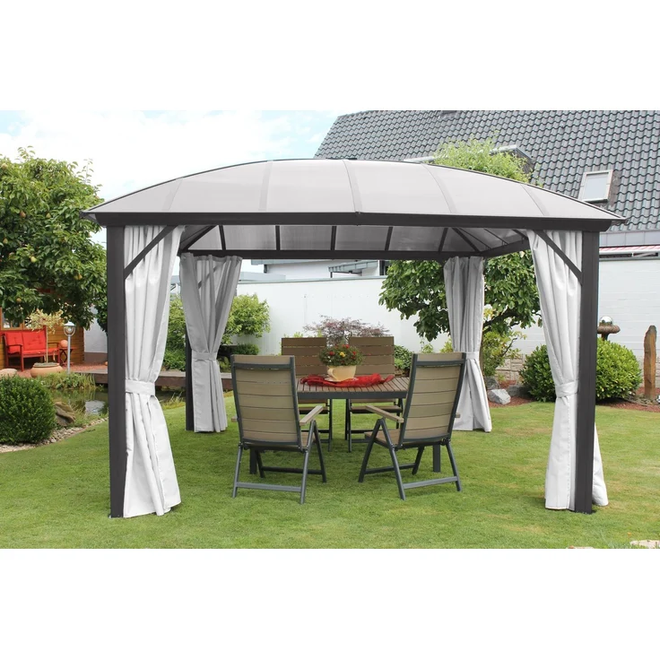 LECO Kuppeldachpavillon, Aluminium- und Stahlrohrgestell anthrazit, Polycarbonat-Dach grau-transparent, Polyester-Seitenteile lichtgrau, 3,65x3,65 m – Bild 7