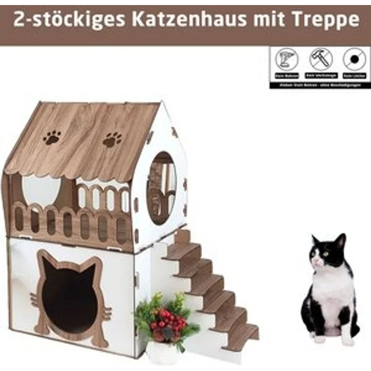 Jungengel Katzenliege XL Katzenhaus Katzenhäuschen Katzenhütte Stecksystem Katzenbett, 2-Stöckig, Einfache Montage, Bietet genügend Platz für eine Katze – Bild 6
