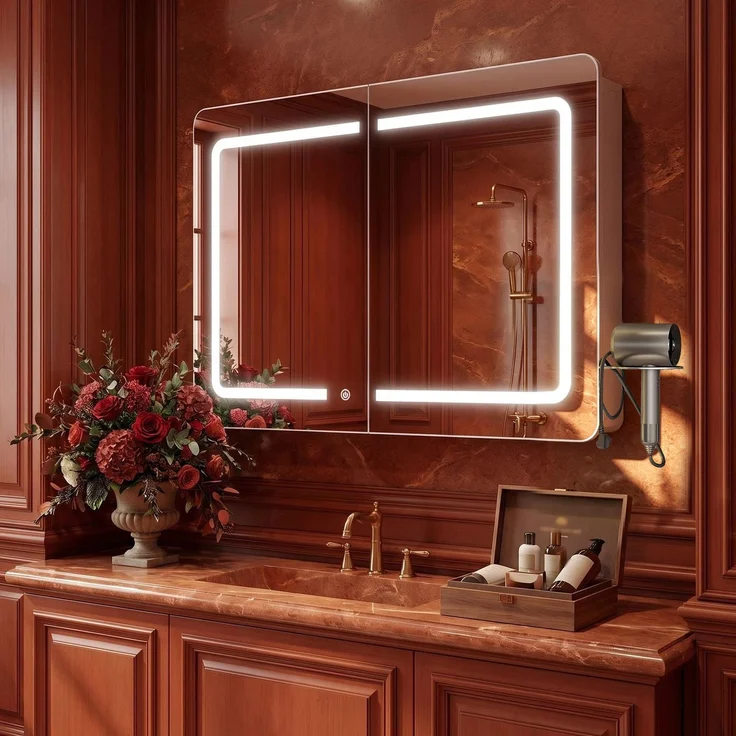 Halupeit Weißer, hochauflösender Spiegelschrank mit dreifarbiger LED-Beleuchtung, verstellbaren Einlegeböden, Föhnhalterung und Haken, 70,5 x 17 x 60,5 cm – Bild 5