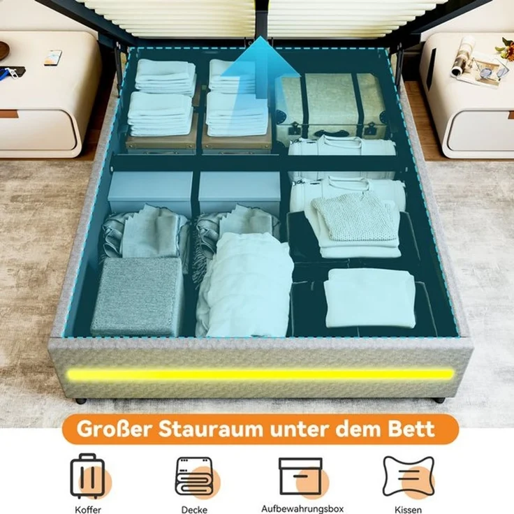 oyajia Polsterbett Stauraumbett Doppelbett LED, Leinenstoff (Mit Bettkasten, LED-Beleuchtung, 140x200 cm), Hydraulisch hebbarer Stauraum – Bild 4