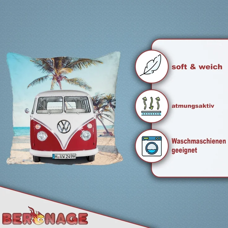BERONAGE Dekokissen VW Volkswagen Bulli T1 Rot 40 x 40 cm Kissen pass. zur Bettwäsche 172, kuschelweich – Bild 5