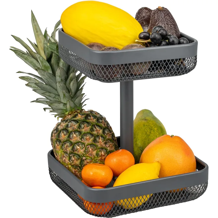 eluno 2-stöckige eckige Obstetagere / Brotkorb, Obstschale, Obstkorb, Metall, grau, 20 x 20 cm und 25 x 25 cm