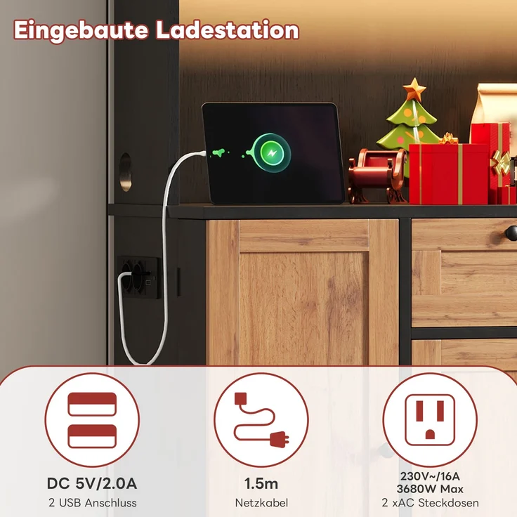 Küchenschrank, Hochschrank, Aufbewahrungsschrank, Vitrinenschrank mit Tür, integriertem Gewürzregal, verstellbaren Einlegeböden,mit farbwechselnder LED-Beleuchtung und Steckdose, 180 × 105 × 40 cm--Schwarz + Natur--105x40x180cm--YOUDENOVA – Bild 4
