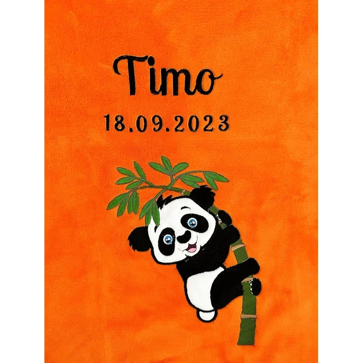 KIDDI-MEDIA Babydecke mit Name und Geburtsdatum Bestickt/kuschelig weich / 1A Qualität (Orange - Pandabär)