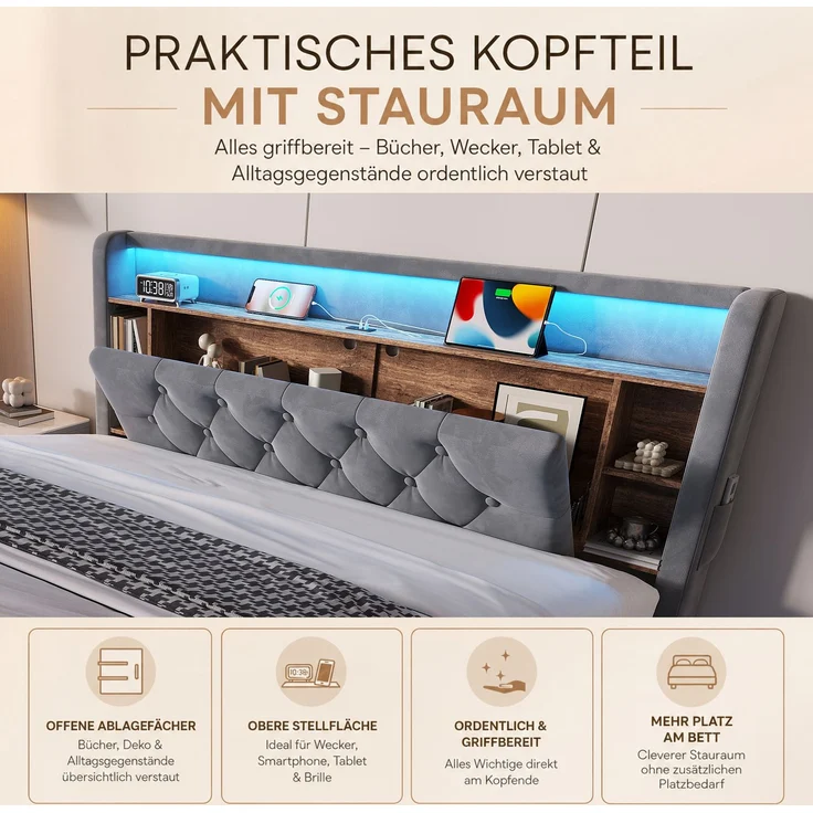 TavilaEcon Boxspringbett Samtbett, Polsterbett mit LED-Beleuchtung & USB-Ladefunktion grau Liegefläche 160 × 200 cm – Bild 6