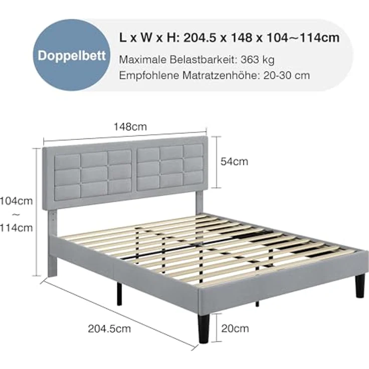 VECELO Polsterbett 140x200 cm, Doppelbett mit Höhenverstellbarem Kopfteil, Bett Bettrahmen mit Lattenrost, Gepolstertes Bettgestell Jugendbett für Schlafzimmer Gästezimmer, Hellgrau – Bild 3