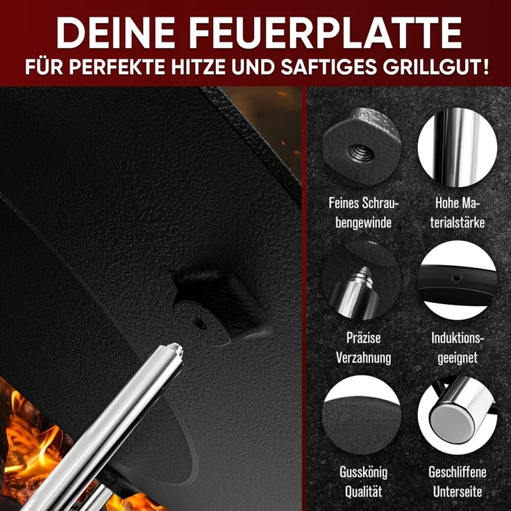 Feuerplatte 45 cm aus Gusseisen – mit abnehmbaren, 3-fach verstellbaren Füßen, massive Grillplatte für Feuerstelle, Plancha & Outdoor – Bild 2