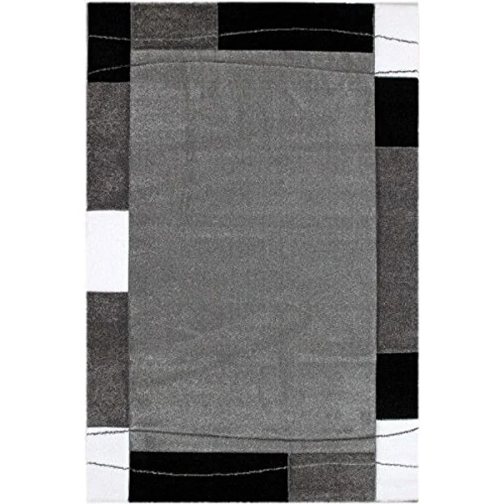 Vimoda Teppich Teppichwohnzimmer Grau Klassiker Kurzflor dicht gewebt, Rechteckig, Höhe: 13 mm, Teppich mit Bordürenmotiv grau weiß schwarz und Konturenschnitt – Bild 4