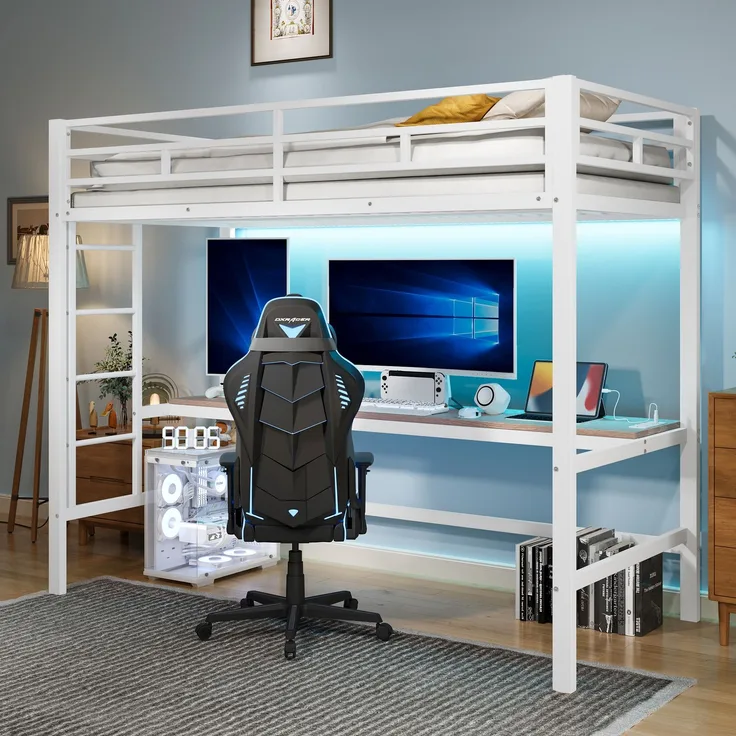 EINHOM Hochbett, 90 x 200 cm, Geländer, Trittleiter, Tisch mit USB und Steckdose, Wire Control Light Strip, App-fähiges, mit LED-Leuchten, Metall, Weiß (Ohne Matratze)
