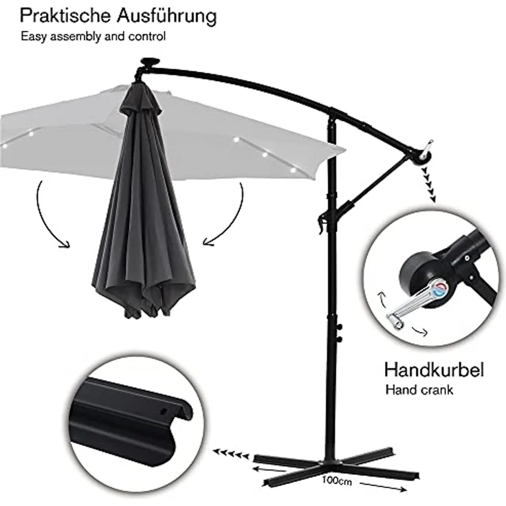 Terrassenschirm Grau Kurbelschirm 350 cm Ampelschirm LED Sonnenschutz Garten Gartenschirm Marktschirm Sonnenschirm Strandschirm 3,5 Meter Aufklappbar – Bild 5