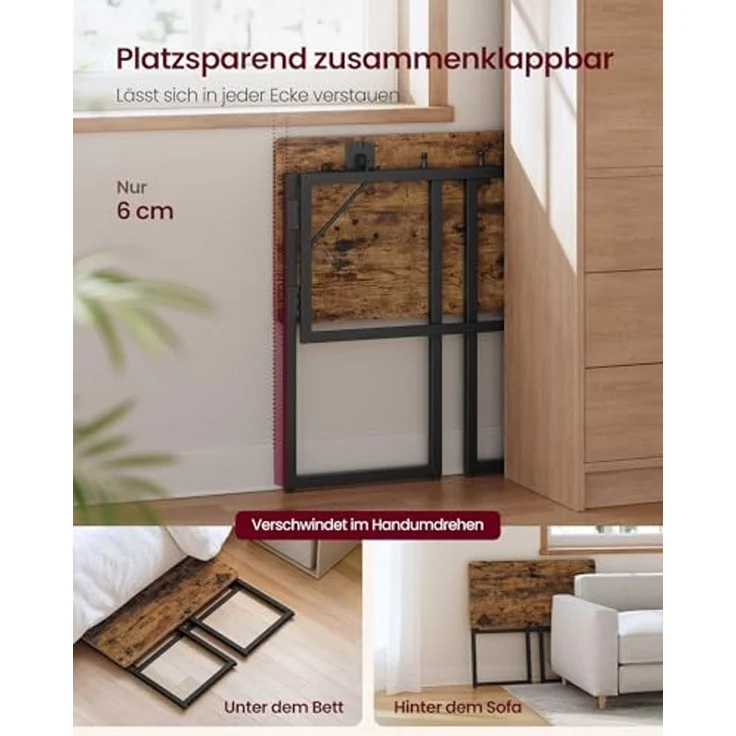 VASAGLE Klapptisch, Kleiner Schreibtisch klappbar, Computertisch, Tischplatte aus einem Stück, abgerundete Ecken, Tisch für Homeoffice, Schlafzimmer, 80x40 cm, vintagebraun LWD151KD01 – Bild 4