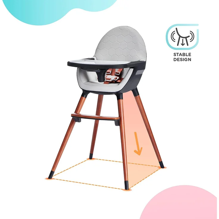 kk Kinderkraft FINIX Hochstuhl Baby ab 6 Monate bis 5 Jahre, Kinderhochstuhl 2in1 für ältere Kinder, Beine aus Holz, Verstellbare Rückenlehne Tablett Fußstütze, Stilvolles Design, Grau – Bild 8