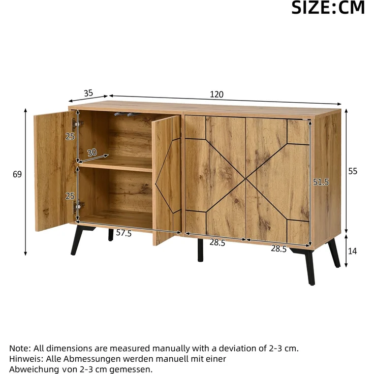 Merax Sideboard mit Wellenmuster, 4 Türen mit Rückprallmechanismus, Aufbewahrungsschrank, Holzfarbe – Bild 4