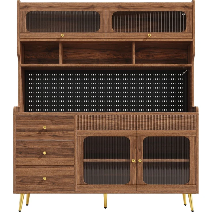 ZUBALIYA LED-Küchenschrank 145x39x171 cm, mit App-Steuerung, mit Stauraum, MDF/Glas, Nussbaum – Bild 16