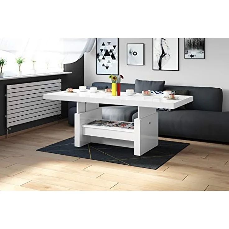 designimpex Couchtisch Aversa H-111 Weiß Hochglanz Schublade höhenverstellbar ausziehbar, Funktionstisch, Wohnzimmertisch, Tisch, Esstisch, Sofatisch, Schublade