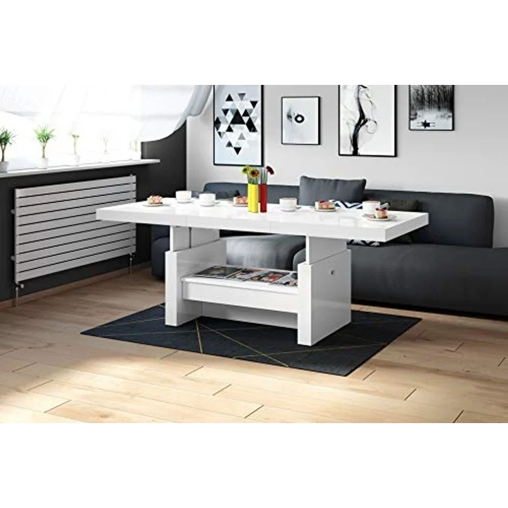 designimpex Couchtisch Aversa H-111 Weiß Hochglanz Schublade höhenverstellbar ausziehbar, Funktionstisch, Wohnzimmertisch, Tisch, Esstisch, Sofatisch, Schublade – Bild 1