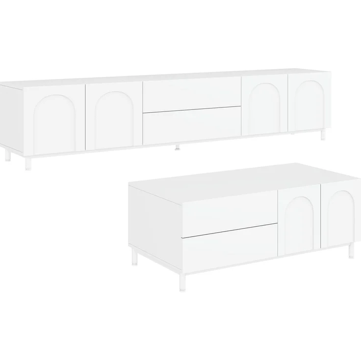 Wohnzimmer Set aus TV-Schrank + Couchtisch, Möbelset mit bogenförmigen Türen, Korpus aus Spanplatte+MDF, Möbel mit Stahlrohrfüßen, Stauraum Kombination für Wohnzimmer--Weiß--180x40x48cm--YOUDENOVA – Bild 6
