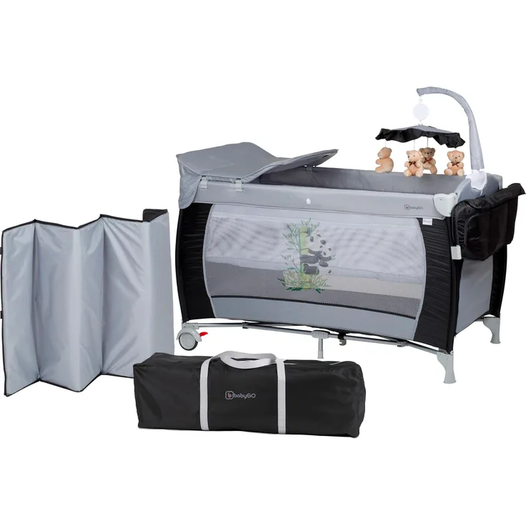 BabyGO 'Sleeper deluxe' Reisebett 60x120 cm, schwarz, mit Matratze, Wickelauflage, Mobile und Schlupf