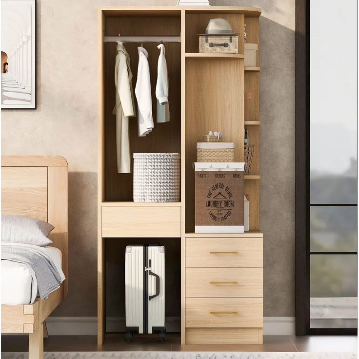 Kleiderschrank 70 x 55 x 175 cm in Weiß und Holzfarbe mit offener Kleiderstange und Schubladen – Bild 3
