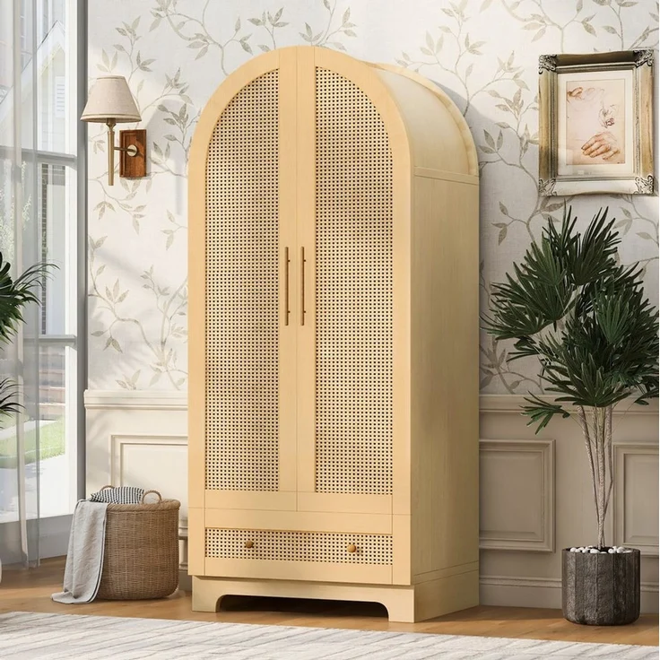 MODFU Kleiderschrank Doppeltüriger Schrank 70x55x170 cm, Mehrzweckschrank (Aufbewahrungsschrank mit Rattanstruktur, Schubladen und Ablagefächern für moderne Zuhause) Garderobenschrank Mehrzweckschrank – Bild 2