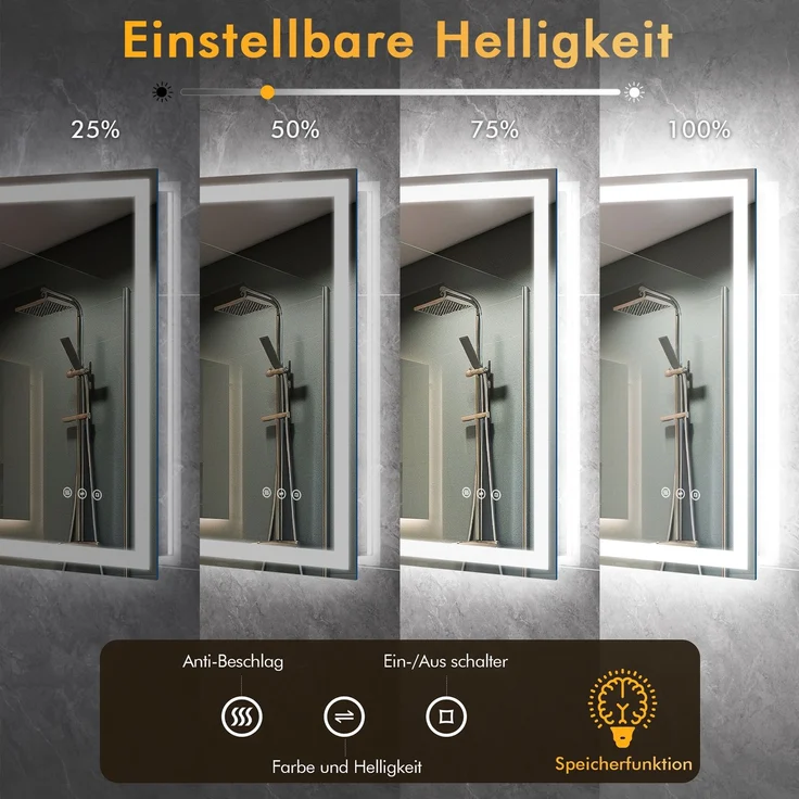 GIMBELEN LED Badezimmerspiegel 80x60 cm, beleuchteter Wandspiegel, 3 Lichtfarben, dimmbar, Anti-Beschlag, Memory-Funktion, HD-Glas 4 mm, IP44, horizontal/vertikal montierbar, Aluminiumrahmen, Schwarz – Bild 3