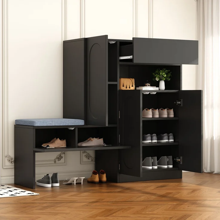 Moderner 2-in-1 Schuhschrank mit Sitzbank Schwarz höhenverstellbare Böden Schuhorganizer für Flur Aufbewahrungsbank mit Sanftschließmechanismus Kippsicherung 130 cm Breite Schuhregal mit Sitzauflage, 130cmx35cmx110cm – Bild 5