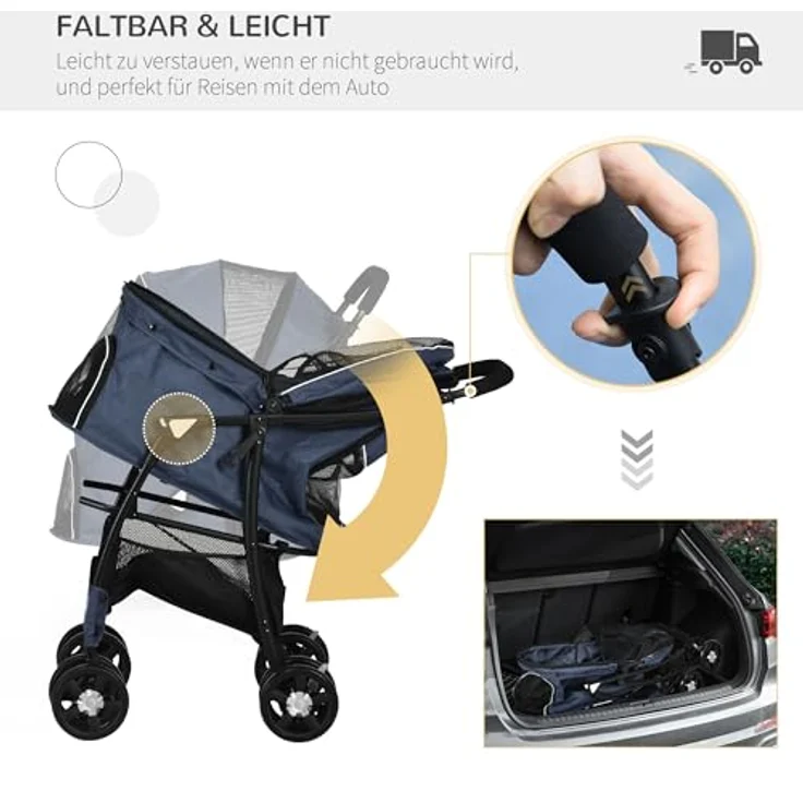 PawHut Hundebuggy mit Kissen, 4 Rädern, Netzfenster, Stauraum, (Hundewagen, 1-tlg), für kleine Hunde, Katzen, 600D Oxford, Marineblau – Bild 6
