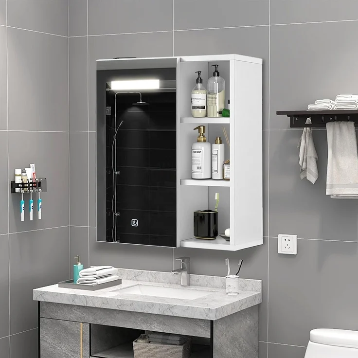 TUKAILAI Spiegelschrank Bad mit Beleuchtung, Badschrank mit Spiegel mit 3 Offenes Ablagen, Badezimmerschrank mit Verstellbarer Ablagen für Badezimmer 45 x 17 x 52 cm – Bild 1