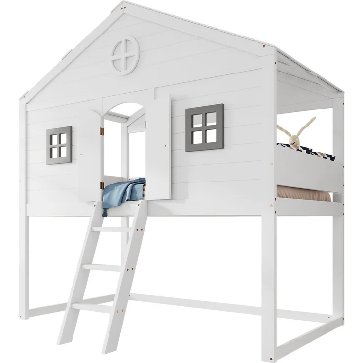 Hochbett mit Lattenrost und Fenstern, 90x200 cm, Kinderbett mit Lattenrost und Rausfallschutz, Kiefer – Bild 1